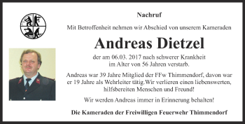 Traueranzeige von Andreas Dietzel von Ostthüringer Zeitung