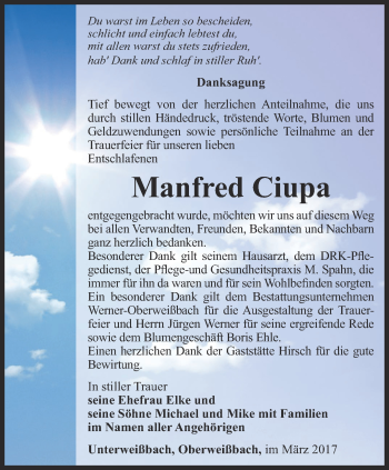 Traueranzeige von Manfred Ciupa von Ostthüringer Zeitung