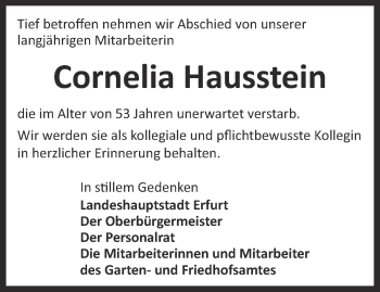 Traueranzeige von Cornelia Hausstein von Thüringer Allgemeine, Thüringische Landeszeitung