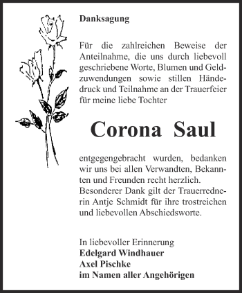 Traueranzeige von Corona Saul von Thüringer Allgemeine, Thüringische Landeszeitung