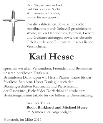Traueranzeige von Karl Hesse von Thüringer Allgemeine, Thüringische Landeszeitung
