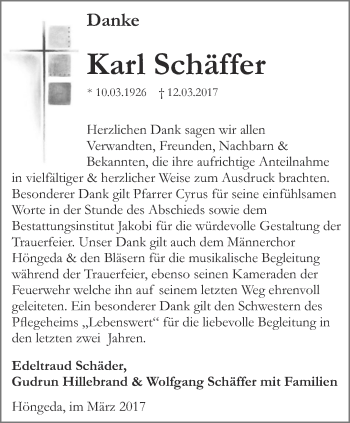 Traueranzeige von Karl Schäffer von Thüringer Allgemeine, Thüringische Landeszeitung