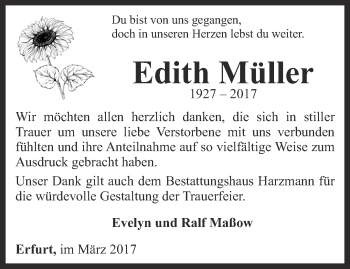 Traueranzeige von Edith Müller von Thüringer Allgemeine, Thüringische Landeszeitung