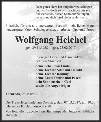 Traueranzeige von Wolfgang Heichel von Thüringer Allgemeine, Thüringische Landeszeitung