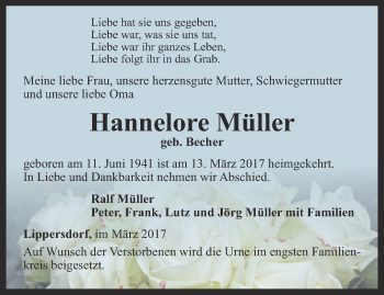 Traueranzeige von Hannelore Müller von Ostthüringer Zeitung