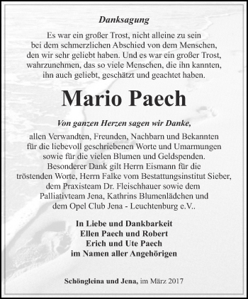 Traueranzeige von Mario Paech von Ostthüringer Zeitung, Thüringische Landeszeitung