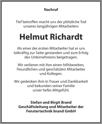 Traueranzeige von Helmut Richardt von Thüringer Allgemeine, Thüringische Landeszeitung