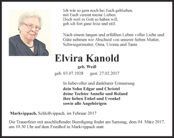 Traueranzeige von Elvira Kanold von Thüringer Allgemeine