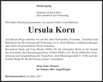 Traueranzeige von Ursula Korn von Ostthüringer Zeitung