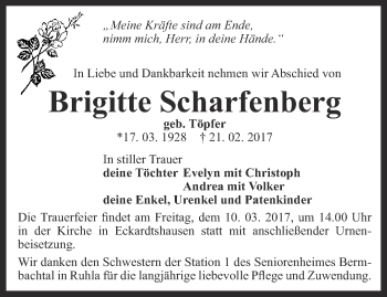 Traueranzeige von Brigitte Scharfenberg von Thüringer Allgemeine, Thüringische Landeszeitung