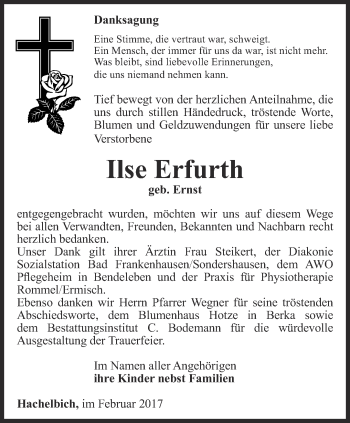 Traueranzeige von Ilse Erfurth von Thüringer Allgemeine
