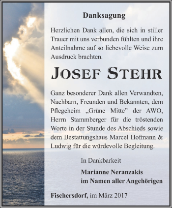 Traueranzeige von Josef Stehr von Ostthüringer Zeitung