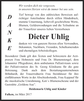 Traueranzeige von Dieter Uhlig von Thüringer Allgemeine, Thüringische Landeszeitung