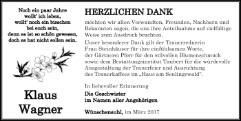 Traueranzeige von Klaus Wagner von Thüringer Allgemeine, Thüringische Landeszeitung