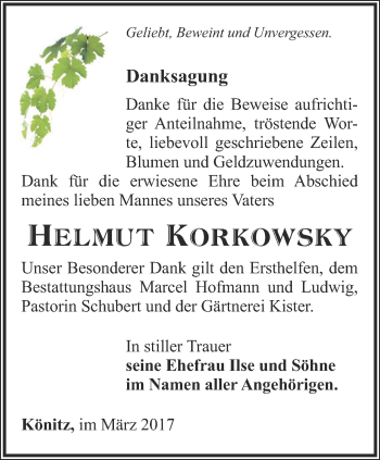 Traueranzeige von Helmut Korkowsky von Ostthüringer Zeitung