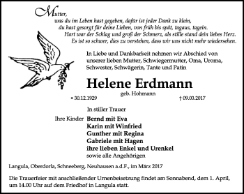 Traueranzeige von Helene Erdmann von Thüringer Allgemeine, Thüringische Landeszeitung