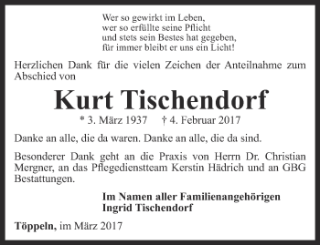 Traueranzeige von Kurt Tischendorf von Ostthüringer Zeitung