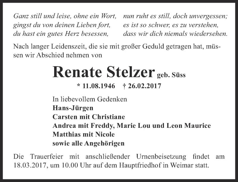  Traueranzeige für Renate Stelzer vom 11.03.2017 aus Thüringer Allgemeine, Thüringische Landeszeitung