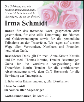 Traueranzeige von Irma Schmidt von Ostthüringer Zeitung, Thüringische Landeszeitung