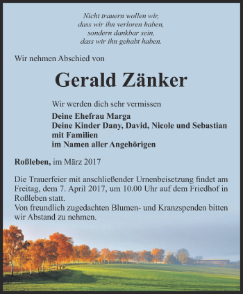 Traueranzeige von Gerald Zänker von Thüringer Allgemeine