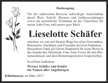 Traueranzeige von Lieselotte Schäfer von Thüringer Allgemeine, Thüringische Landeszeitung