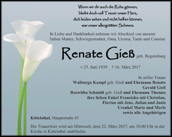Traueranzeige von Renate Gieß von Thüringer Allgemeine, Thüringische Landeszeitung
