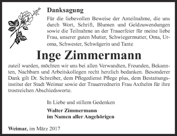 Traueranzeige von Inge Zimmermann von Thüringer Allgemeine, Thüringische Landeszeitung