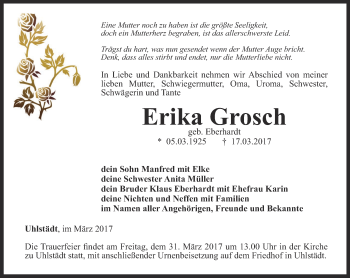 Traueranzeige von Erika Grosch von Ostthüringer Zeitung