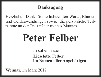 Traueranzeige von Peter Felber von Thüringer Allgemeine, Thüringische Landeszeitung