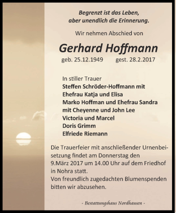 Traueranzeige von Gerhard Hoffmann von Thüringer Allgemeine