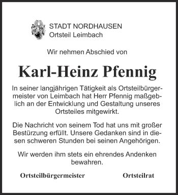 Traueranzeige von Karl-Heinz Pfennig von Thüringer Allgemeine