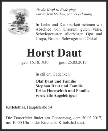 Traueranzeige von Horst Daut von Thüringer Allgemeine, Thüringische Landeszeitung