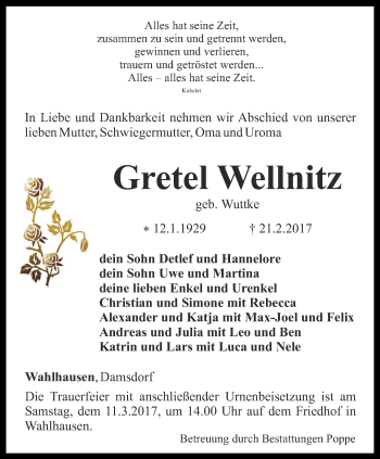 Traueranzeige von Gretel Wellnitz von Thüringer Allgemeine