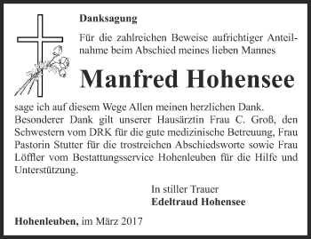 Traueranzeige von Manfred Hohensee von Ostthüringer Zeitung