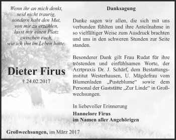 Traueranzeige von Dieter Firus von Thüringer Allgemeine