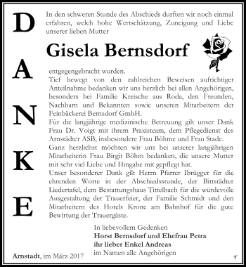 Traueranzeige von Gisela Bernsdorf von Thüringer Allgemeine