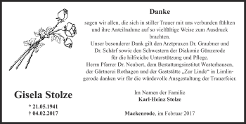 Traueranzeige von Gisela Stolze von Thüringer Allgemeine