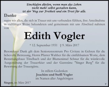 Traueranzeige von Edith Vogler von Thüringer Allgemeine