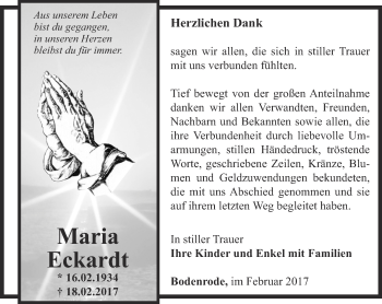 Traueranzeige von Maria Eckardt von Thüringer Allgemeine