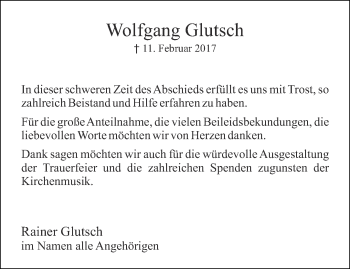 Traueranzeige von Wolfgang Glutsch von Thüringer Allgemeine