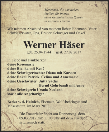 Traueranzeige von Werner Häser von Thüringer Allgemeine, Thüringische Landeszeitung