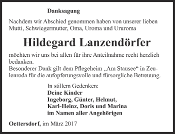 Traueranzeige von Hildegard Lanzendörfer von Ostthüringer Zeitung