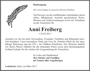 Traueranzeige von Anni Freiberg von Thüringer Allgemeine