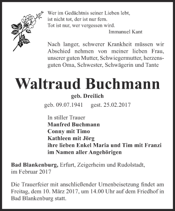 Traueranzeige von Waltraud Buchmann von Ostthüringer Zeitung