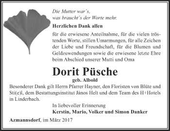 Traueranzeige von Dorit Püsche von Thüringer Allgemeine, Thüringische Landeszeitung