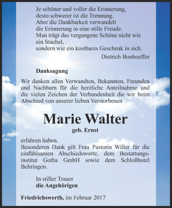 Traueranzeige von Marie Walter von Ostthüringer Zeitung, Thüringische Landeszeitung