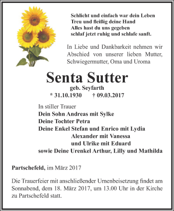 Traueranzeige von Senta Sutter von Ostthüringer Zeitung