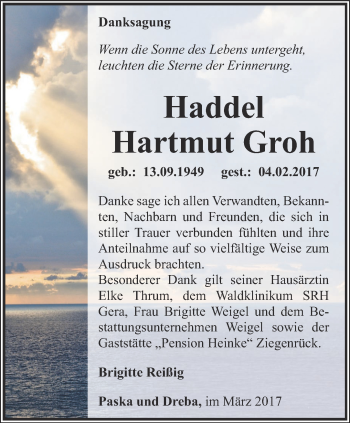 Traueranzeige von Hartmut Groh von Ostthüringer Zeitung