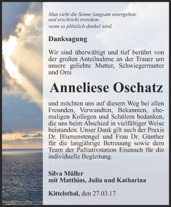 Traueranzeige von Anneliese Oschatz von Thüringer Allgemeine, Thüringische Landeszeitung