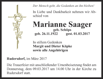 Traueranzeige von Marianne Saager von Thüringer Allgemeine